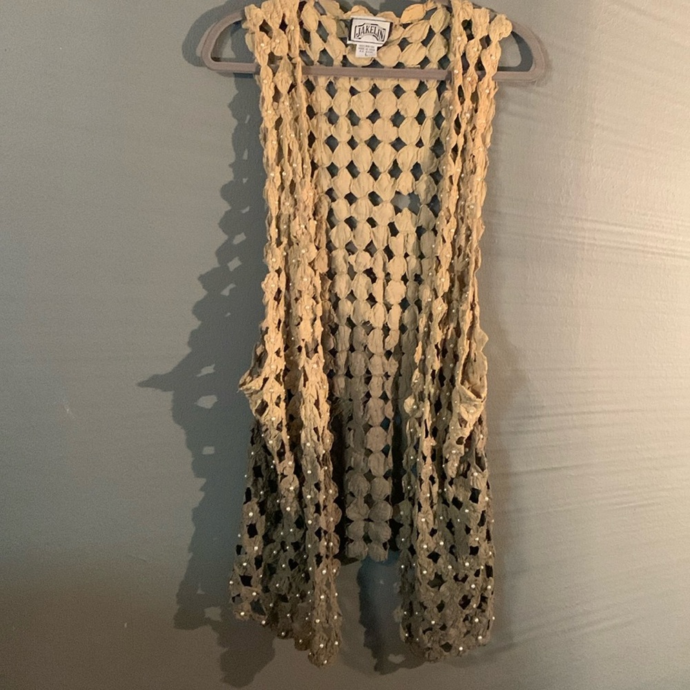Jakelin Boho Beaded Pearl Pieced Beige and Green Tunic Length Vest Size L